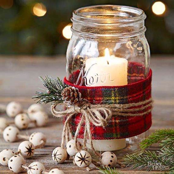 mason-jar-lantern-wrapped-with-plaid-fabric-twine-and-a-pinecone