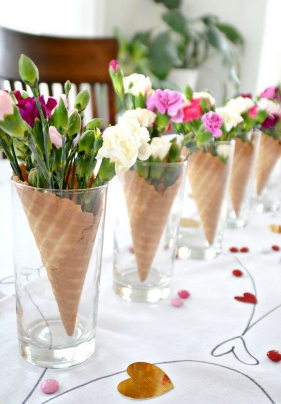 a-cool-galentines-brunch-centerpiece-of-ice-cream-cones-filled-with-blooms