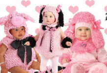 Happy Halloween Holiday With Baby Girl Halloween customs Three babies dressed in cozy, plush pink animal costumes—a pig, a puppy, and a poodle—for a baby girl Halloween theme.