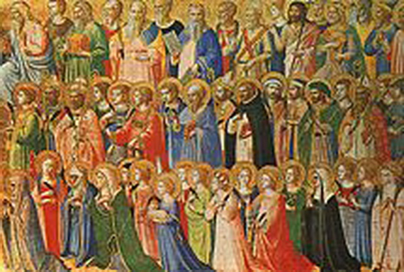 Austria _02 A large group of stylized figures with halos, depicted in a religious painting.