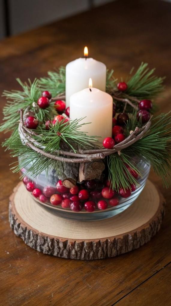 "Festive Glass Bowl Candle Display with two glowing white candles surrounded by pine and bright red berries. This charming arrangement rests on a Natural Wooden Slice Base, adding a cozy Homemade Holiday Charm to any table."