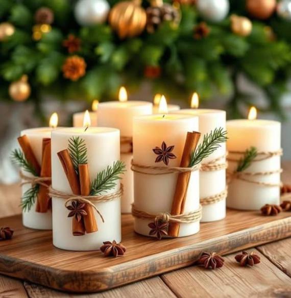 Decorative Christmas candles wrapped in cinnamon sticks and star anise, displayed on a wooden tray with pine sprigs, creating a cozy natural holiday ambiance.