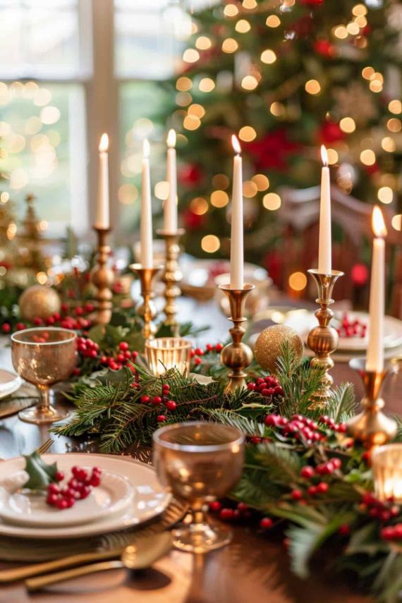 "Warm, Cozy Holiday Tablescape showing elegant dinnerware and glassware set for a feast. The centerpiece includes Tall Lit Taper Candles amidst seasonal Gold Christmas Ornaments and vibrant red berry accents, creating a Luxury Holiday Dinner Setting with soft, blurred background lights."