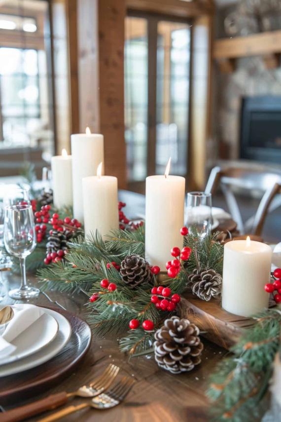 "Inviting Cozy Winter Tablescape featuring a festive centerpiece with tall white pillar candles, Natural Pinecone and Evergreen accents, and rich red berries. Soft, Warm Holiday Lighting enhances the simple, charming Nordic Christmas Table Decor."