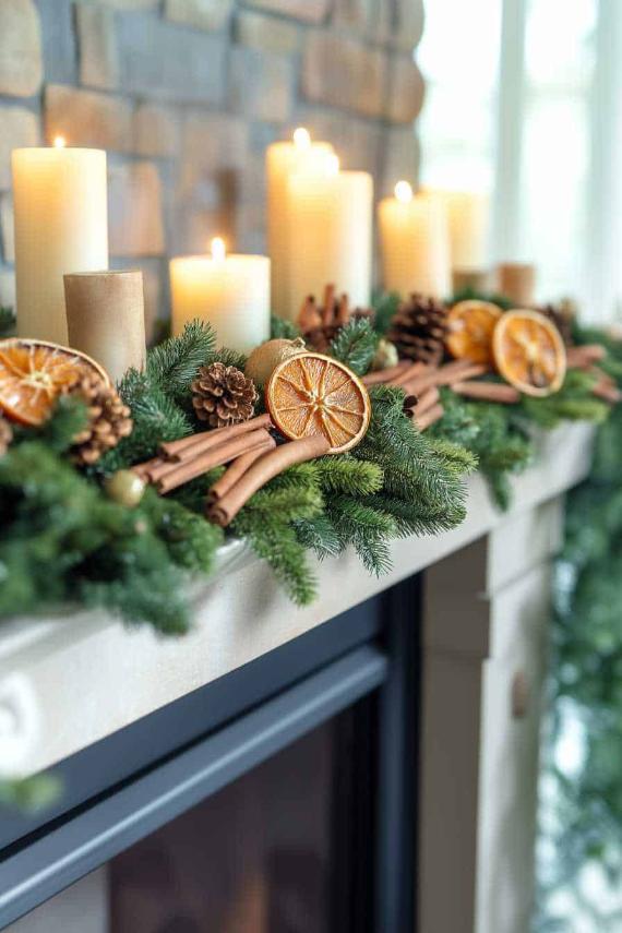 "Cozy Christmas Fireplace Mantel Display with a centerpiece of tall lit candles. Features Natural Pine and Botanical Accents, including cinnamon sticks and dried orange slices, creating a beautiful Warm Festive Atmosphere for the holiday season."