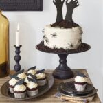 halloween-party-cake-cupcakes-Help Me! Cake and Raven Feather Cupcakes