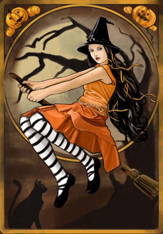 An Art Nouveau style illustration of a young witch in an orange dress and striped stockings flying on a broomstick against a full moon border.