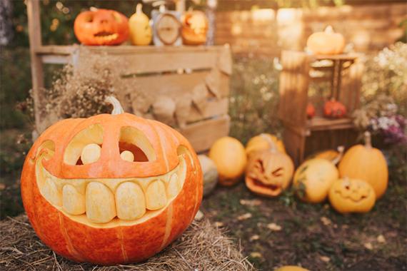 A large, smiling jack-o'-lantern with big teeth is in the foreground on hay. In the background are various carved pumpkins and rustic wooden crates. The scene is bright and festive.