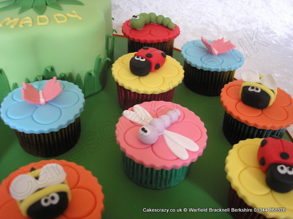 Bugs and insect sugar modelled cupcakes  dragonfly, bees, ladybirds