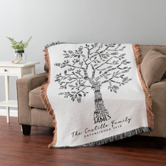 A personalized family tree blanket with names forms a tree design. The lower text reads "The Castillo Family Established 2018." It's draped on a beige sofa.