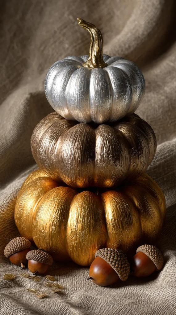 Three Modern colorful autumn décor of decorative pumpkins stacked in gold, bronze, and silver hues on burlap. Acorns scattered nearby, creating an elegant autumnal ambiance.
