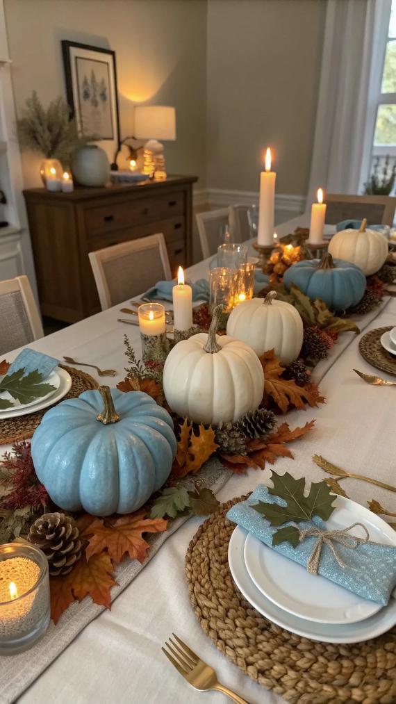 A cozy autumn table setting with elegant blue fall decorations feathering white and blue pumpkins, candles, pinecones, and fall leaves. Soft lighting and neutral tones create a warm, inviting atmosphere.