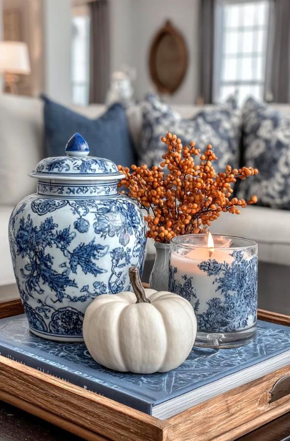 A cozy living room setup with a wooden tray holding a blue and white porcelain jar, a lit candle, a small white pumpkin, and orange berries, creating an elegant autumnal feel.