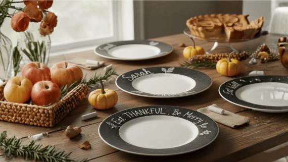 A festive table setting with gray plates, small pumpkins, apples, and a pie.