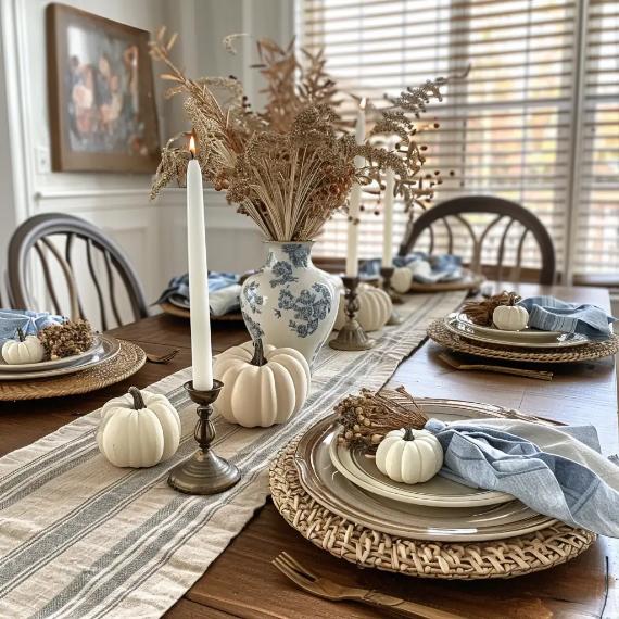 Elegant Classic Blue Fall Dining Table Decor with white pumpkins, blue-patterned vase, dried flowers, candles on holder, and plates with blue napkins. Cozy ambiance.