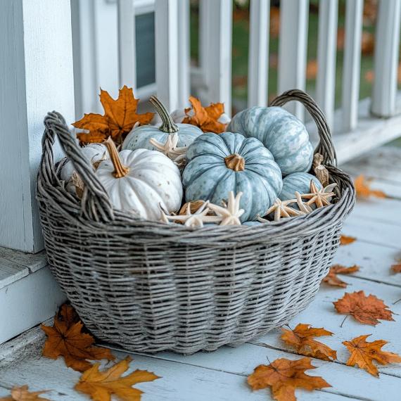 Wicker basket with blue and white pumpkins, surrounded by autumn leaves and starfish, on porch. Captures a rustic, cozy fall vibe.