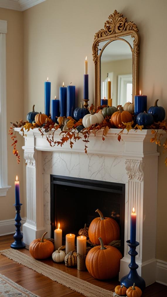 A blue and orange fall decorations feathering a white fireplace decorated with blue candles, orange and white pumpkins, and autumn leaves, creating a cozy and festive fall atmosphere. A gold mirror is above.