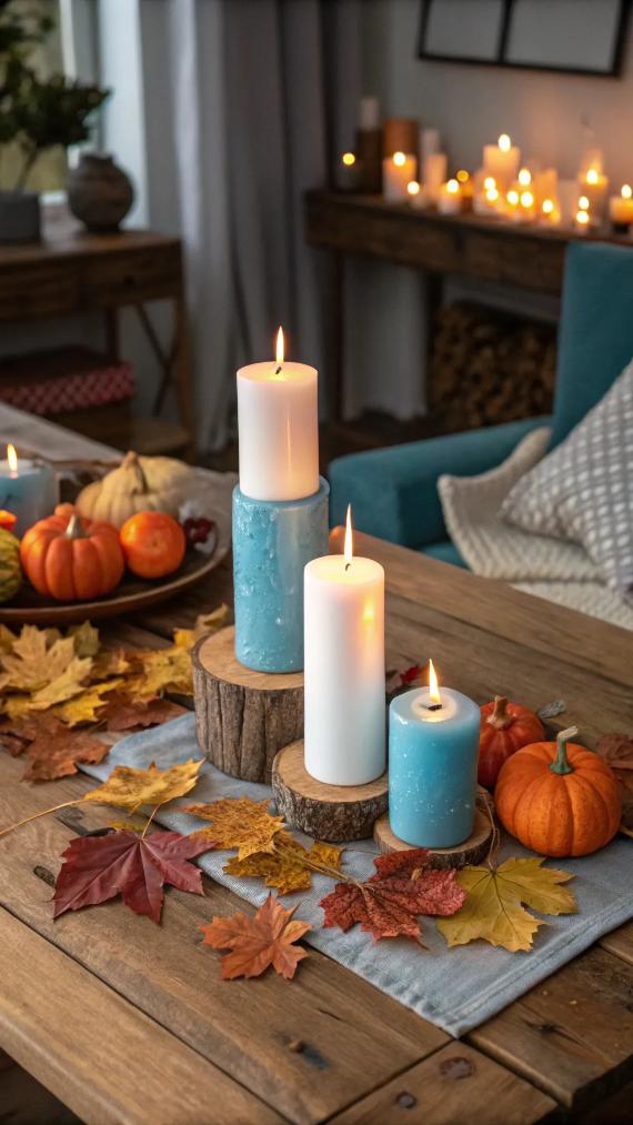 Cozy autumn setting with lit candles on wooden holders, surrounded by colorful leaves and small pumpkins on a rustic table, conveying warmth.