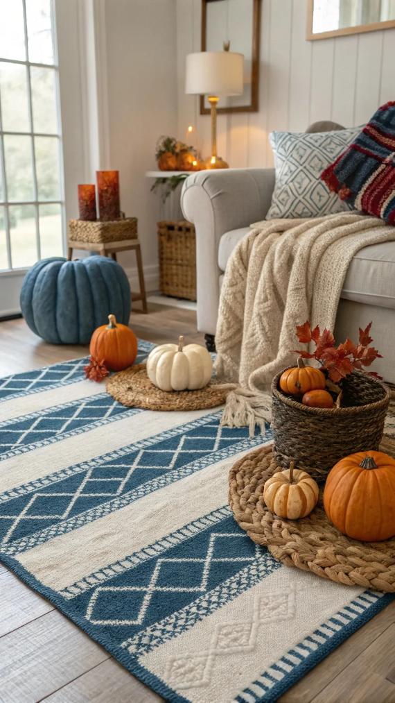 Cozy living room with a white sofa, blue and white patterned rug, and woven pumpkin decor. Autumnal accents include orange candles and blankets.