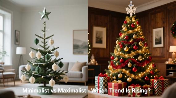 Split image of two Christmas trees. Left: minimalist style with sparse ornaments and natural tones in a cozy room. Right: maximalist tree adorned with colorful baubles, gold garlands, and gifts below in a warmly lit room. Text: "Minimalist vs Maximalist - Which Trend Is Rising?"