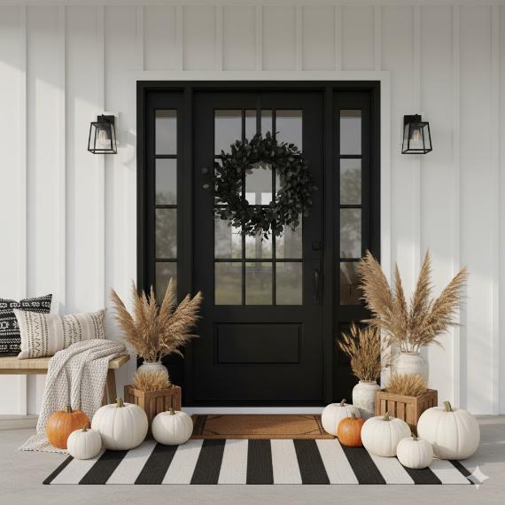Front porch with a black door, decorated with pumpkins, a wreath, and pampas grass.