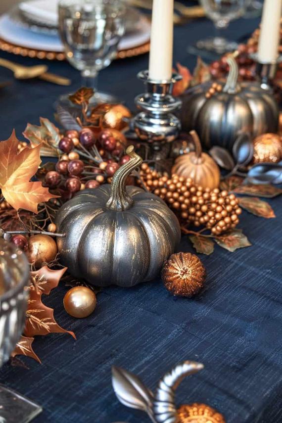 Elegant navy blue fall table setting with metallic pumpkins, candles, and golden leaves on a dark blue cloth. Warm, festive ambiance with a touch of luxury.