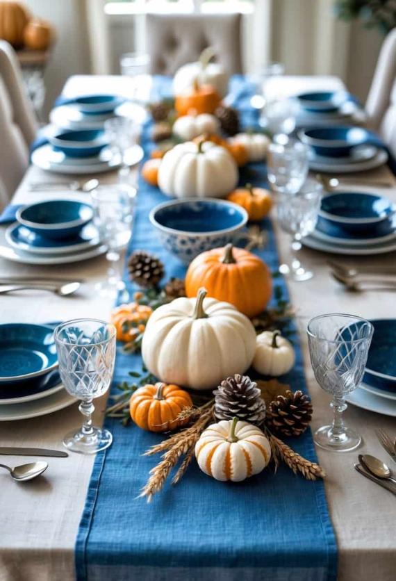 A festive blue table setting features a blue runner with white and orange pumpkins, pinecones, and wheat. Blue dishware and crystal glasses add elegance.