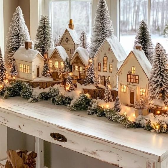 A charming winter village scene on a table features snow-covered miniature houses and trees, warmly lit by soft, glowing lights, creating a cozy, festive ambiance.