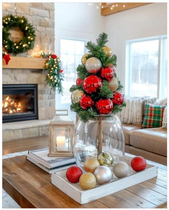 Cozy living room with a small decorative Christmas tree on a table. Red and gold ornaments, candle in lantern, fireplace, and festive wreath convey warmth.