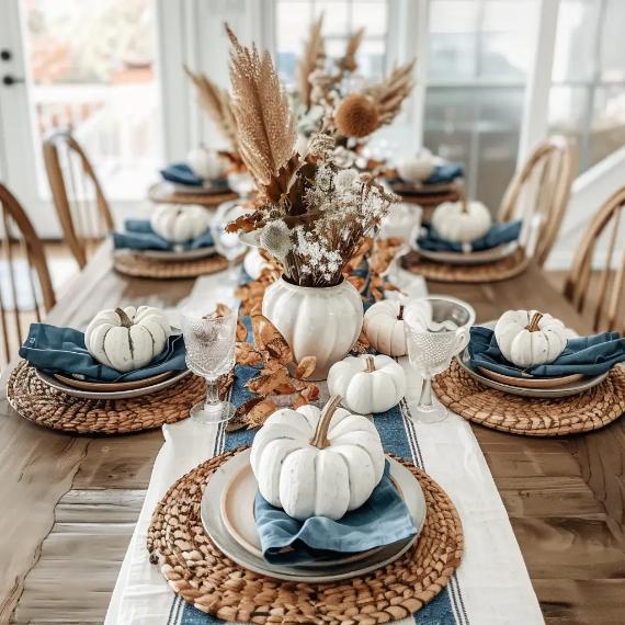 Rustic blue fall decorations dining table is elegantly set with woven placemats, white mini pumpkins, blue napkins, and decorative vases with dried foliage.