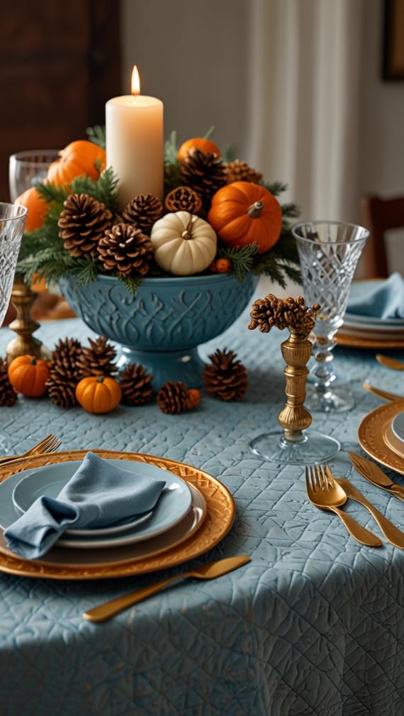 A festive blue table setting with a blue tablecloth features a centerpiece of pumpkins, pine cones, and greenery in a blue bowl, highlighted by a tall white candle. Elegant crystal glasses and gold-accented plates and cutlery complete the autumnal look.