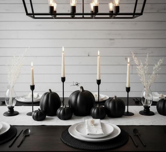 Elegant black and white Thanksgiving décor table setting with black pumpkins, lit white candles on black holders, and white plates on dark mats, exuding a modern, spooky vibe.
