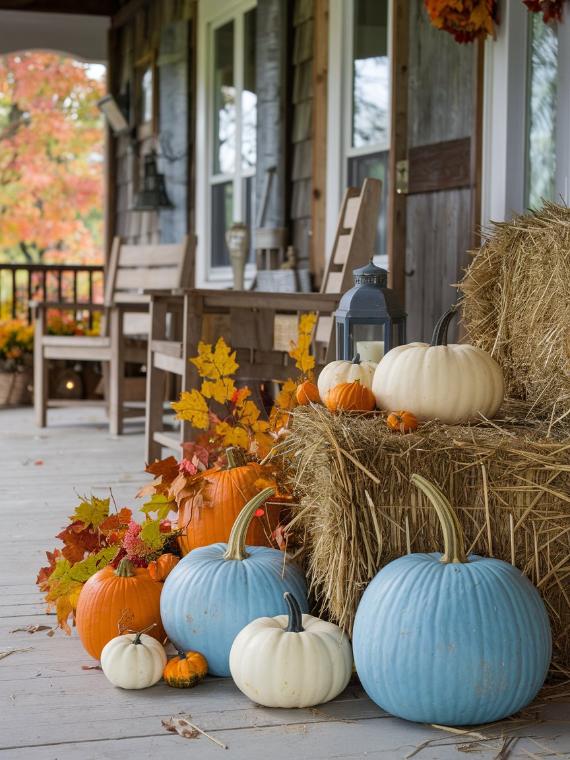 Autumn porch scene with blue, white, and orange pumpkins on hay bales. Fall leaves and lanterns enhance the cozy, rustic atmosphere.