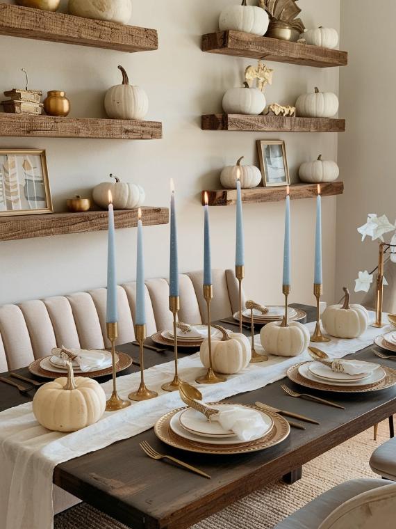 Elegant dining setup with a dark wood table adorned with white pumpkins, tall blue candles in gold holders, and layered plates. Wall shelves with decor. Cozy autumn ambiance.