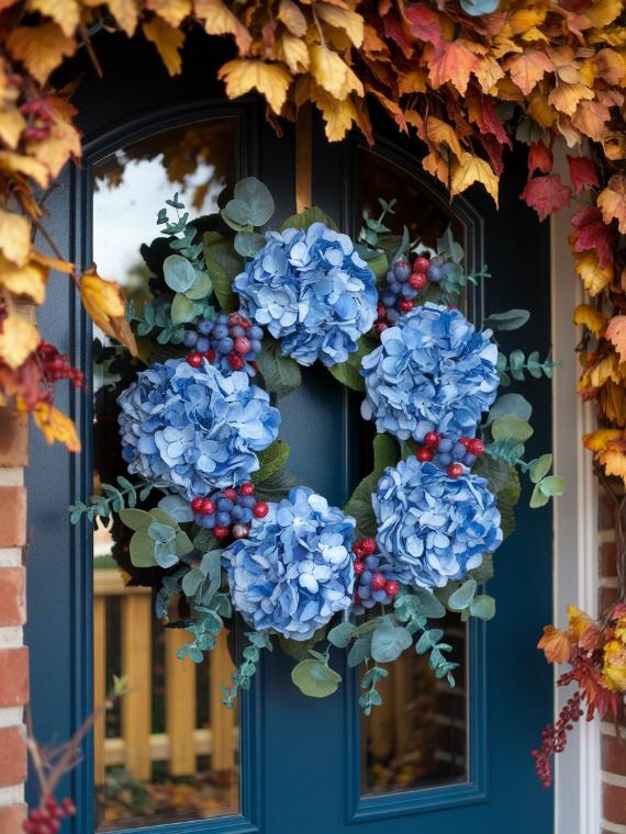 Elegant blue hydrangea wreath adorned with red berries and green leaves on a dark blue door, surrounded by vibrant autumn foliage.