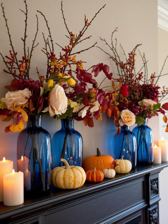 Blue fall decorations feathering blue vases with autumnal flowers and branches line a mantel. Small pumpkins and lit candles are arranged, creating a cozy, festive atmosphere.