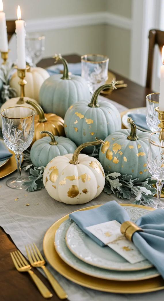 Elegant fall table setting with white and blue pumpkins adorned with gold leaf. Crystal glasses, gold cutlery, and blue napkins add sophistication.