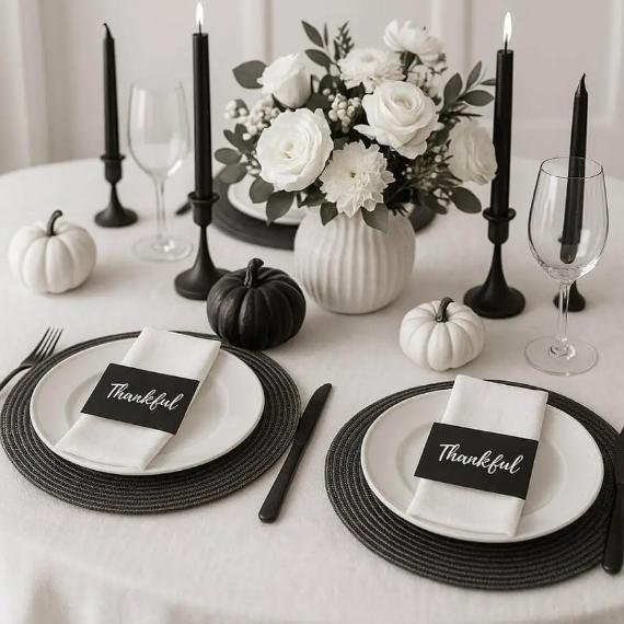 Formal dining table with white flowers, monochrome pumpkins, and black candles.