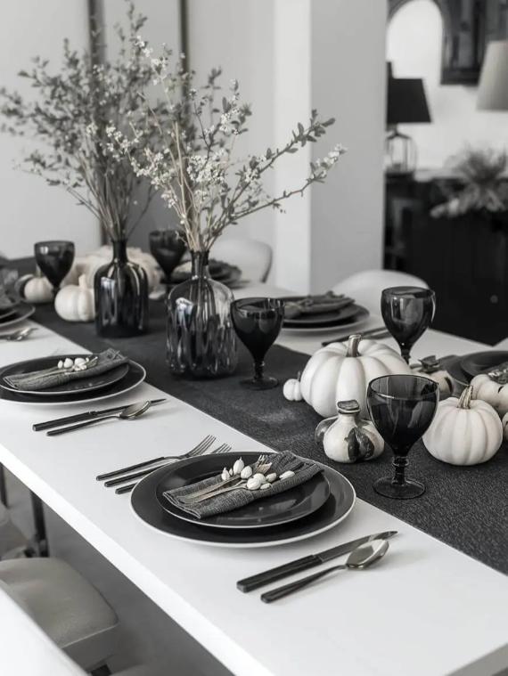 A modern dining table set with black and white decor, featuring black plates, black cutlery, black wine glasses, white pumpkins, and black vases with branches.