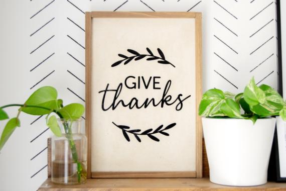 Framed "Give Thanks" sign with decorative leaves, flanked by potted plants.
