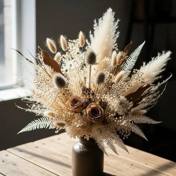 A rustic bouquet of dried flowers in a brown vase on a wooden table.