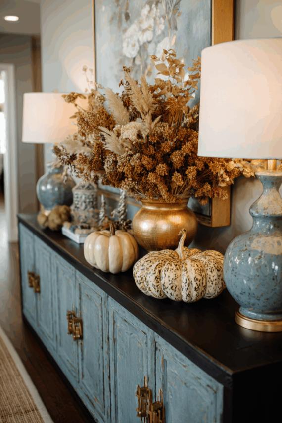 A warmly lit hallway features a rustic table adorned with two lamps, dried autumn flowers in a gold vase, and decorative pumpkins, evoking a cozy, blue fall decorations for seasonal ambiance.