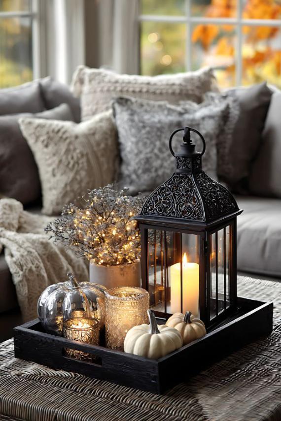 A decorative tray with a lantern, pumpkins, candles, and fairy lights on a coffee table in a cozy living room.