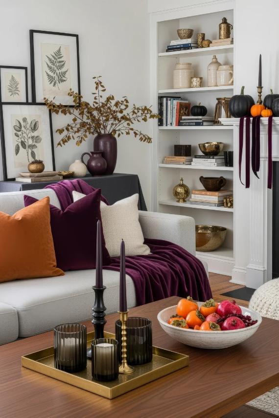 A cozy living room with autumn decor, featuring a light gray couch with orange and purple cushions, a purple throw, and a wooden table with black and gold candle holders. A bowl of fall fruits is on the table, while framed botanical prints and shelves with books and gold accents create a warm, inviting atmosphere.