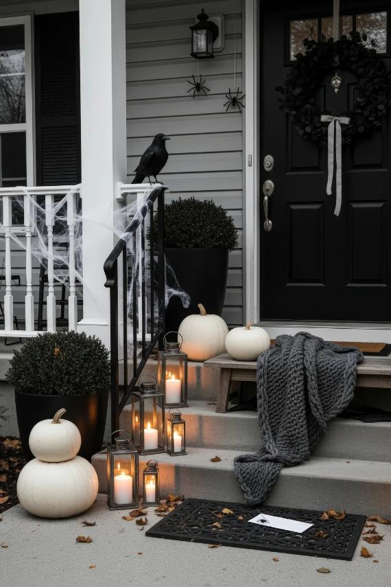 thankgiving -themed decorated porch with pumpkins, candles, and a crow figurine.