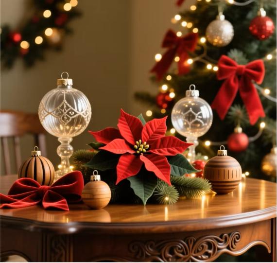 Festive holiday scene with a poinsettia centerpiece, glass and wooden ornaments, and red bows on a wooden table, set against a lit Christmas tree.