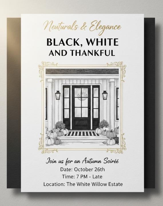 Invitation card with a house entrance illustration and black and gold text about a formal event.