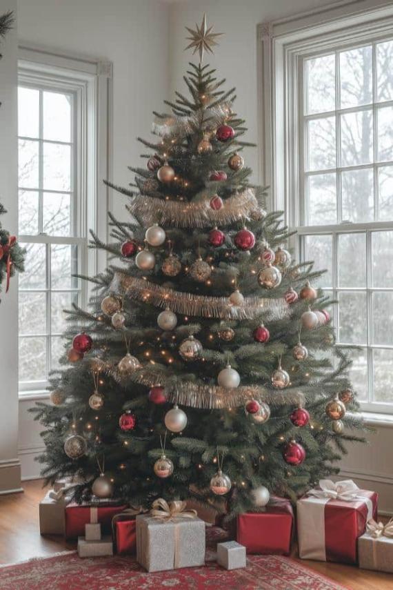 A festive Christmas tree adorned with red, gold, and silver ornaments and tinsel stands by large windows. Gift boxes wrapped in red and white are underneath.