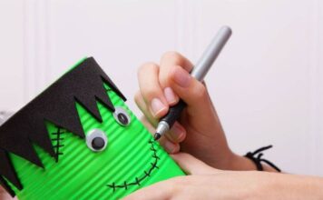 35 Spooky and Fun DIY Halloween Crafts Ideas A can of Frankenstein craft for Halloween with googly eyes and stitching details using a black marker.