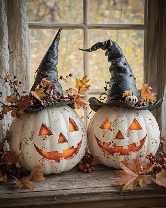 Two distressed white carved jack-o'-lanterns wearing pointed black witch hats, glowing from within on a rustic wooden window sill surrounded by autumn leaves.